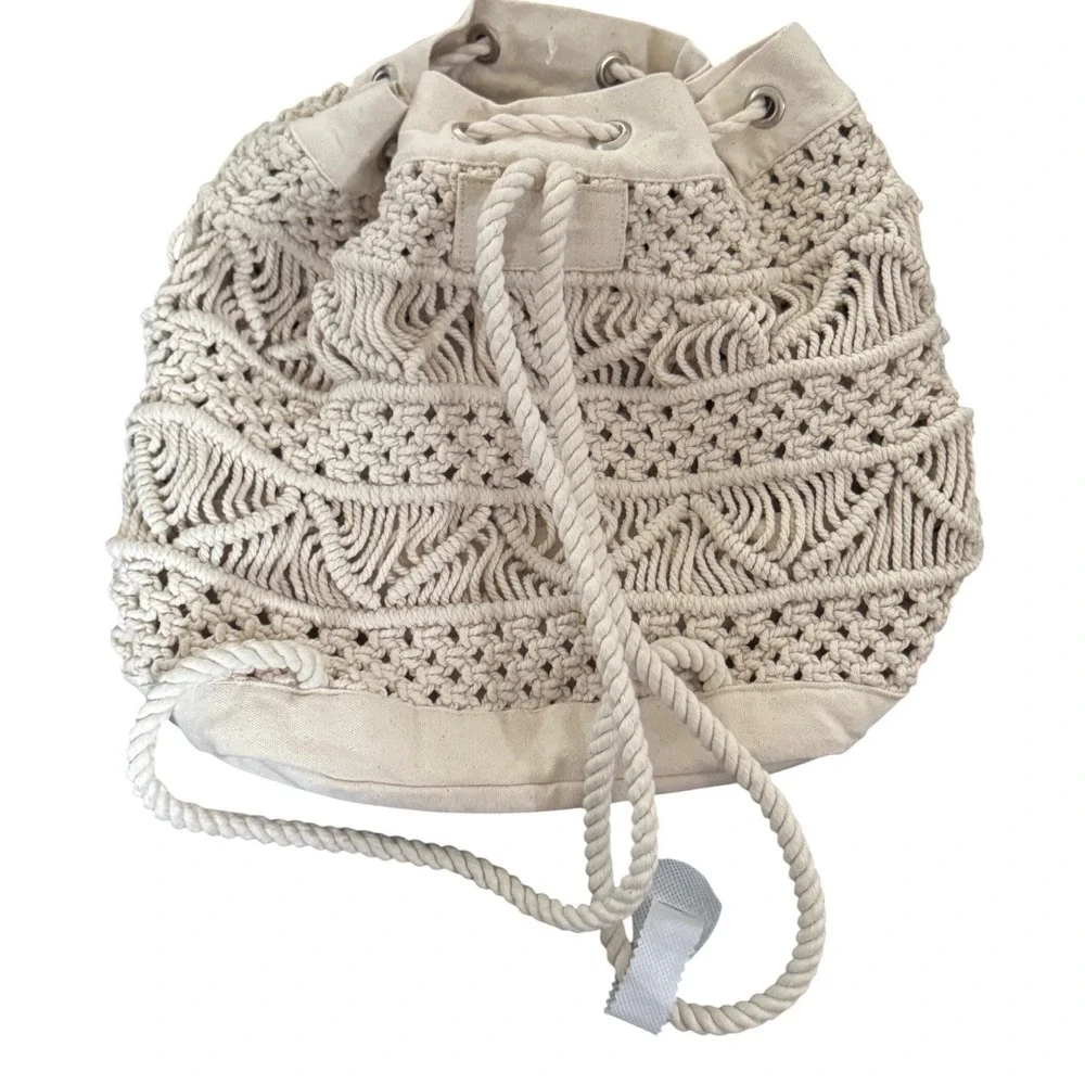 Urban Outfitters Macramé Canvas Beige‎ Ecru Drawstring Backpack Bag NWOT